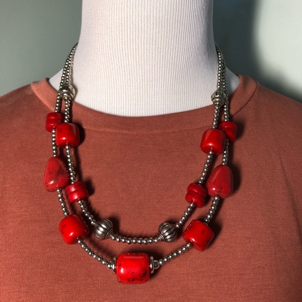 Red Beaded Double Strand Statement Necklace